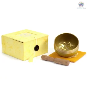 Bol chantant plexus solaire en laiton doré avec baguette en bois, 8 cm, fabriqué artisanalement en Inde.