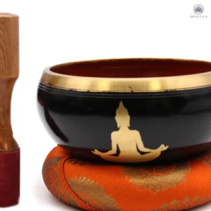 Bol chantant tibétain Bouddha noir et orange 14cm avec coussin et maillet en bois pour méditation
