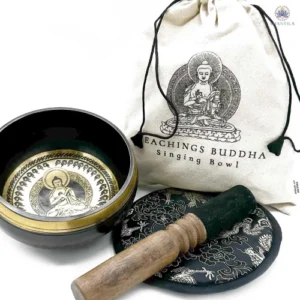 Bol chantant tibétain gravé main avec symboles Bouddha, 14 cm, coffret complet