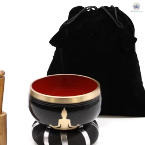 Bol chantant tibétain noir et orange 10,7 cm avec coussin et maillet pour méditation