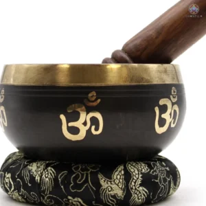 Bol chantant tibétain Yoga Om en laiton avec maillet et coussin