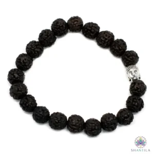 Bracelet mala Rudraksha Bouddha en perles de bois naturel foncé pour méditation et mantras