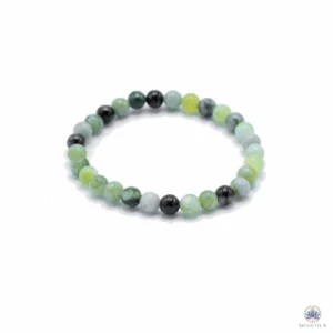 Bracelet jade olive : perles dans un camaïeu de verts, posé à plat sur fond blanc