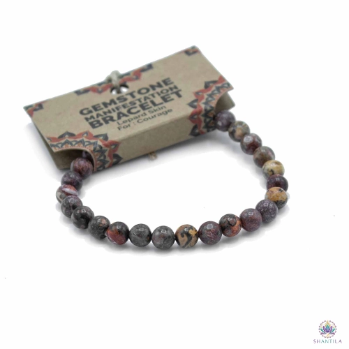 Bracelet Perles Jaspe Peau de Léopard — Courage 2 Bracelet jaspe peau de léopard enfilé sur sa carte kraft illustrée « Gemstone Manifestation Bracelet »