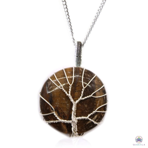 Collier Arbre de Vie Œil de Tigre 1 Collier arbre de vie œil de tigre : un disque brun miel traversé de bandes dorées, sur sa chaîne argentée, fond blanc