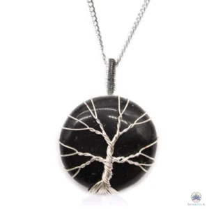 Collier arbre de vie onyx noir : un disque noir profond et brillant, sur sa chaîne argentée, fond blanc