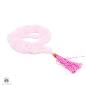 Collier Mala 108 grains en perles de quartz rose naturel avec pompon rose