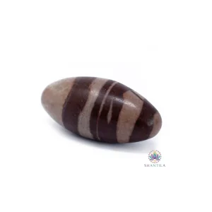 Pierre Shiva Lingam ovale de 8 cm, finition lisse nacrée, tons ocre et brun, posée sur fond blanc épuré.