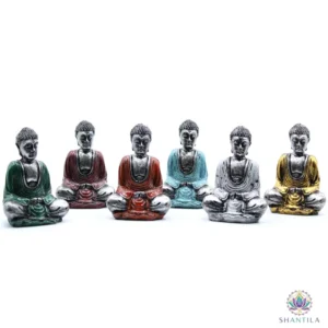 Lot de 6 mini Bouddhas argentés peints à la main par artisans balinais, couleurs assorties