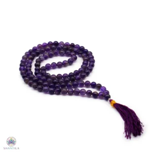 Collier Mala 108 grains en perles d'améthyste naturelle violette avec pompon assorti