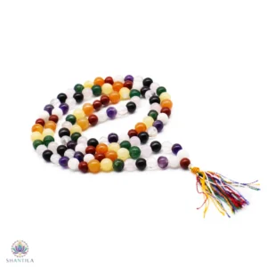 Collier Mala 108 grains en pierres naturelles multicolores représentant les 9 planètes de l'astrologie