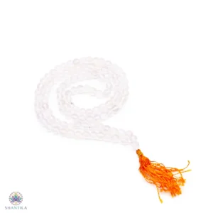 Collier Mala 108 grains en perles de cristal de roche transparent avec pompon blanc traditionnel