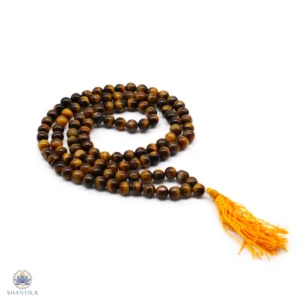 Collier Mala 108 grains en perles d'œil de tigre naturel avec reflets dorés et pompon marron