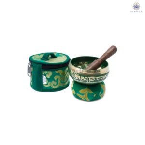 Mini bol chantant tibétain vert avec bâton et pochette, coffret cadeau artisanal du Népal