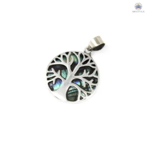 Pendentif Arbre de Vie en argent 925 avec fond en nacre abalone paua irisée bleue et verte 22mm
