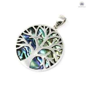 Pendentif Arbre de Vie en argent 925 avec fond en nacre abalone paua irisée bleue et verte 30mm