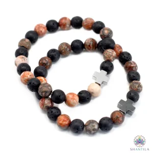 Set de deux bracelets en pierres naturelles jaspe léopard tacheté et pierre de lave noire poreuse