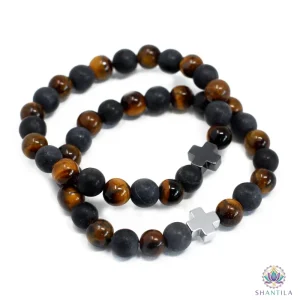Set de deux bracelets en pierres naturelles œil de tigre doré et blackstone, présentés dans leur coffret.