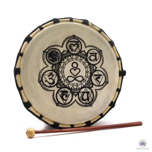 Tambour chamanique 25 cm orné des 7 symboles chakra, en bois de Suar et peau de chèvre naturelle, avec baguette.