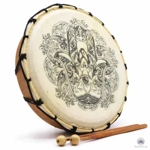 Tambour chamanique hamsa 30 cm en bois de Suar et peau de chèvre naturelle, livré avec deux baguettes.