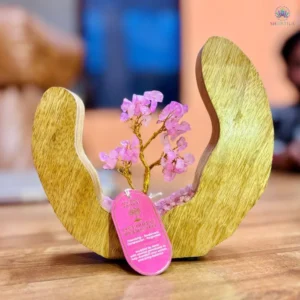 Jardin d'arbres de vie en quartz rose sur socle en bois de manguier