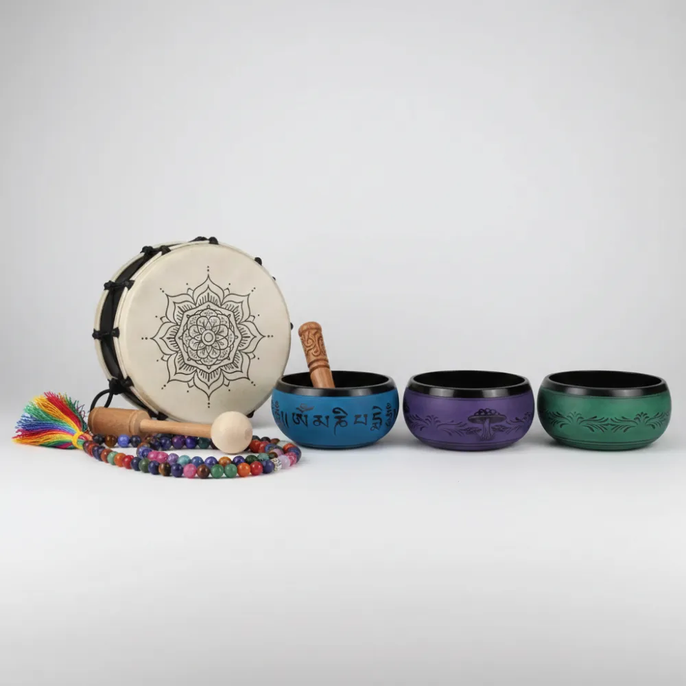 Bols tibétains, malas et tambours pour vos méditations et soins sonores.