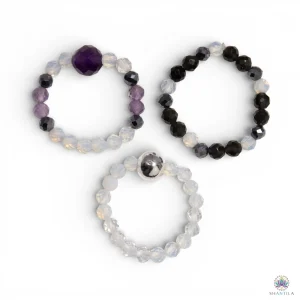 Trio de bagues lune : moonstone, obsidienne, améthyste