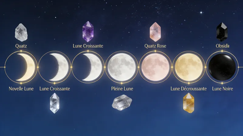 Rythme de purification et rechargement des pierres naturelles Infographie en français du cycle lunaire avec cristaux associés, sur fond bleu marine étoilé au style minimaliste.