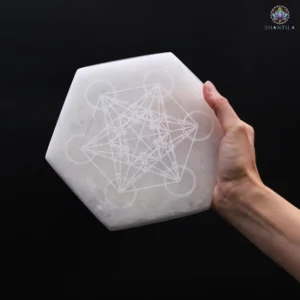 Plaque de rechargement hexagonale en sélénite naturelle 18cm gravée Direction & Décision