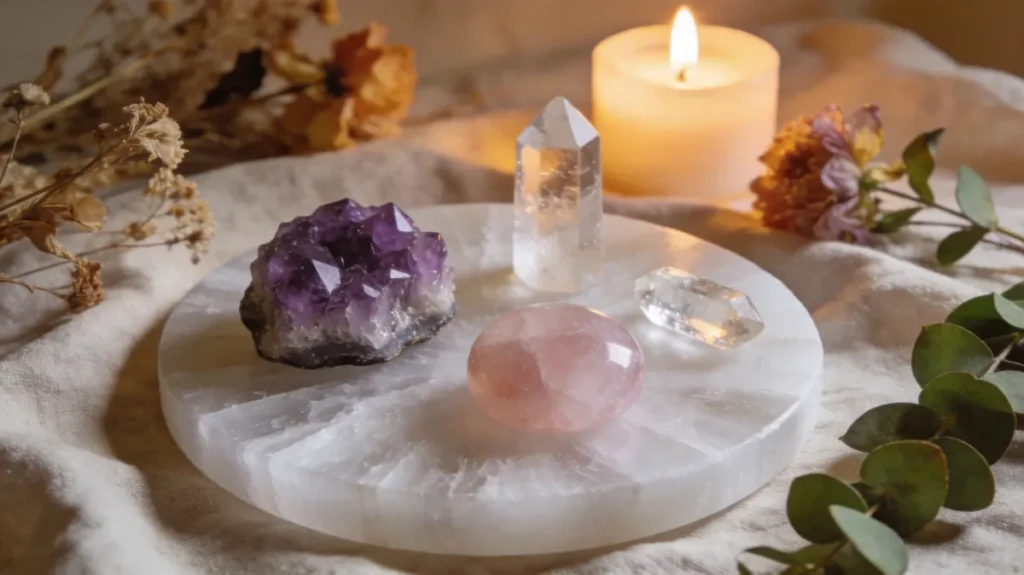Rituel de purification et rechargement des pierres naturelles Plateau de sélénite entouré de cristaux — améthyste, quartz rose et quartz blanc — pour la purification et recharger ses pierres en lithothérapie