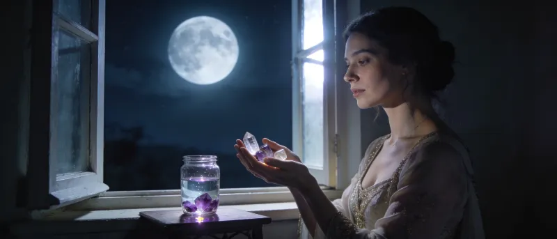 Rechargement des pierres de lithothérapie par la lumière naturelle Femme tenant des cristaux près d’une fenêtre ouverte sur la pleine lune, avec une eau chargée d’améthystes pour un rituel de purification