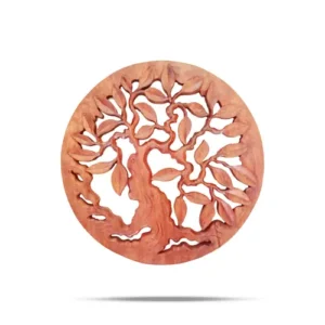 Panneau décoratif rond en bois sculpté représentant l'Arbre de Vie, 30cm de diamètre