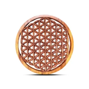 Panneau décoratif rond en bois sculpté représentant la Fleur de Vie, 40 cm de diamètre