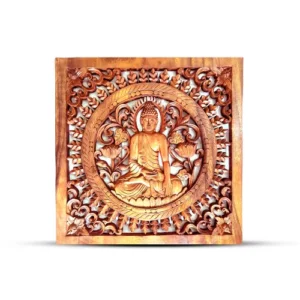 Panneau décoratif carré en bois représentant Bouddha 40x40cm pour décoration murale spirituelle