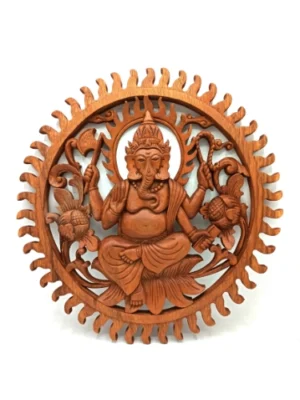 Panneau décoratif Ganesh sculpté à la main en bois de Suar durable, 40cm de diamètre