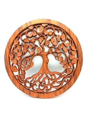 Panneau mural Arbre de Vie Amour en bois de Suar sculpté à la main 40cm, décoration spirituelle zen