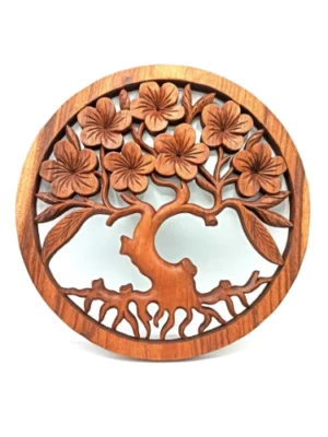 Panneau mural Arbre de Vie et fleur de frangipanier sculpté en bois de Suar, diamètre 40cm, artisanat indonésien