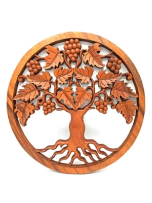 Panneau mural Arbre de Vie avec grappes de raisins sculpté à la main en bois de Suar - 40cm