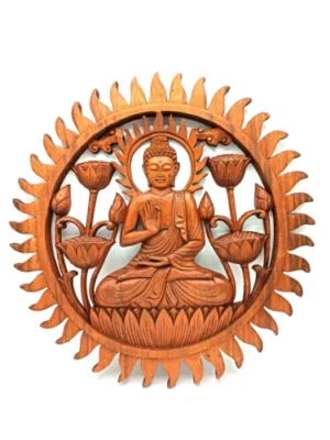 Panneau mural Bouddha et Lotus sculpté à la main en bois de Suar 40 cm