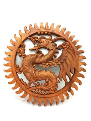 Panneau mural dragon sculpté à la main en bois de Suar, diamètre 40cm, artisanat indonésien