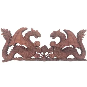 Plaque sculptée artisanale représentant deux dragons affrontés en bois de Suar d'Indonésie