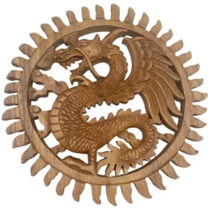 Plaque sculptée dragon ailé solaire en bois de Suar 30 cm, symbole de protection spirituelle