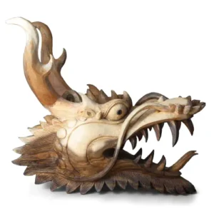 Sculpture tête de dragon grandeur nature en bois de suar 30cm, artisanat indonésien