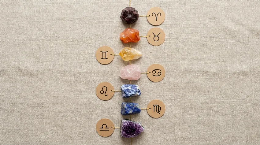 Pierres et astrologie : choisir sa pierre selon son signe astrologique 3 Ligne de sept pierres représentant les chakras — de la pierre rouge à l'améthyste — reliées aux signes astrologiques, pour illustrer le lien entre pierres, chakras et intentions