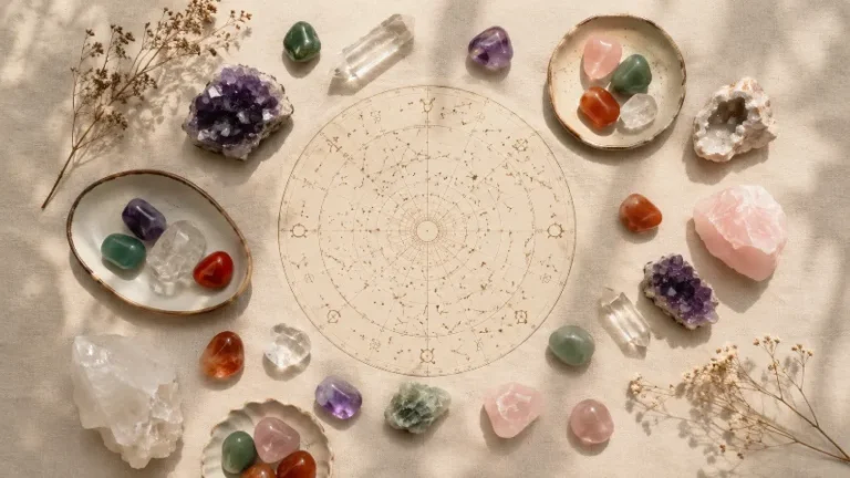 Pierres et cristaux disposés autour d’une carte du ciel