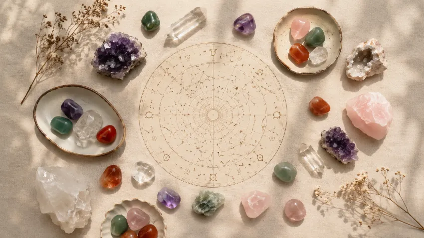 Pierres et astrologie : choisir sa pierre selon son signe astrologique 1 Flat lay de pierres et cristaux variés — cornaline, quartz rose, améthyste, aventurine — avec une carte du ciel, pour illustrer le guide pierres et astrologie Shantila