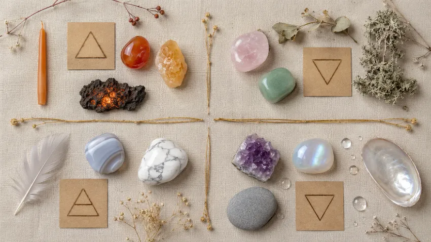 Pierres et astrologie : choisir sa pierre selon son signe astrologique 2 Flat lay des quatre éléments astrologiques et leurs pierres — cornaline pour le Feu, quartz rose pour la Terre, agate pour l'Air, améthyste pour l'Eau