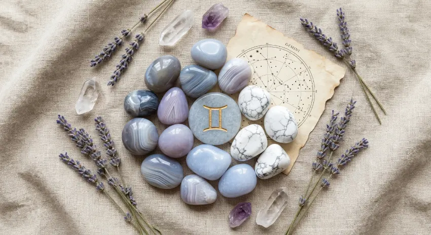Flat lay de pierres des Gémeaux — agate, howlite et calcédoine bleue — sur lin beige avec glyphe des Gémeaux, pierre pour les Gémeaux Shantila