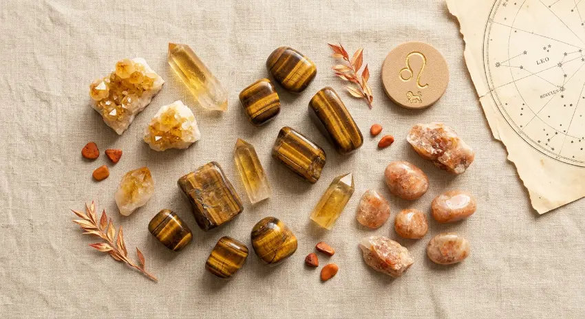 Pierres du Lion : bien les choisir et les utiliser 1 Flat lay de pierres du Lion — citrine, œil de tigre et pierre de soleil — sur lin beige avec glyphe du Lion, pierre pour le Lion Shantila