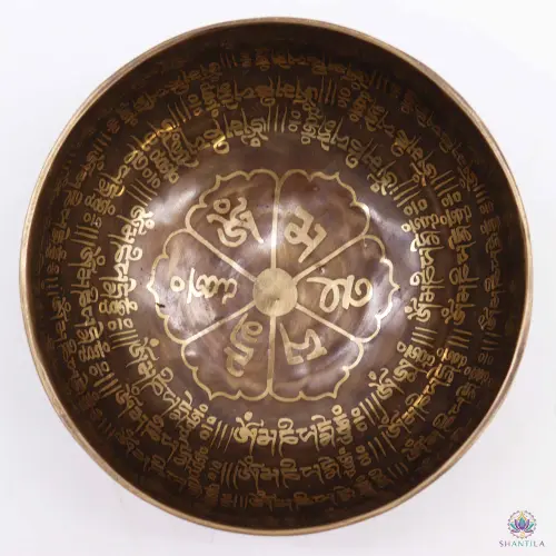Bol Chantant Népalais Martelé 16 cm – Om Mani Padme Hum Gravé, Vendu Seul 2 Fond du bol vu de dessus : lotus à six pétales portant chacune une syllabe du mantra, cercles de mantras autour